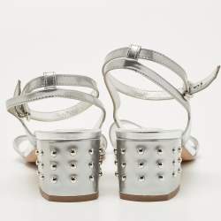Pre Owned Tod's Silver Foil Leather Studded Block Heel Ankle Strap Sandals Size 40