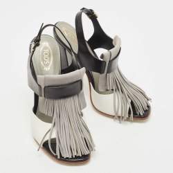 مملوكة مسبقًا Tod's Tricolor Leather and Suede Fringe Detail Slingback Sandals Size 38