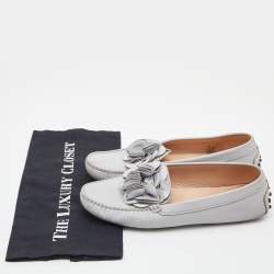 Pre Owned Tod's Grey Leather Flower Gommini Slip On Loafers Size 39