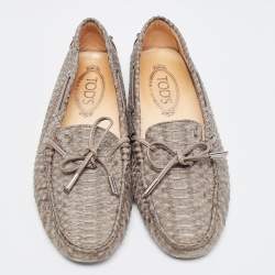 Pre Owned Tod's Dark Grey Leather Python Embossed Penny Loafers Size 37.5