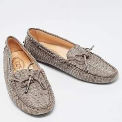 Pre Owned Tod's Dark Grey Leather Python Embossed Penny Loafers Size 37.5