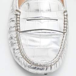 Tod's Silver Croc Embossed Leather Loafers Size 35.5