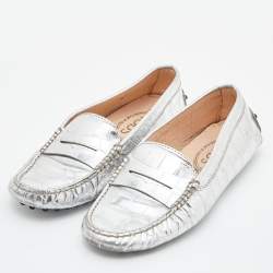 Tod's Silver Croc Embossed Leather Loafers Size 35.5