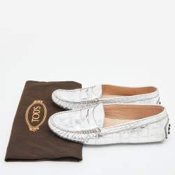 Tod's Silver Croc Embossed Leather Loafers Size 35.5