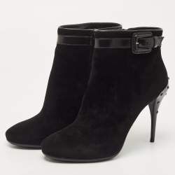 Tod's Black Suede and Leather Buckle Detail Ankle Booties Size 37.5