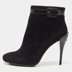 Tod's Black Suede and Leather Buckle Detail Ankle Booties Size 37.5