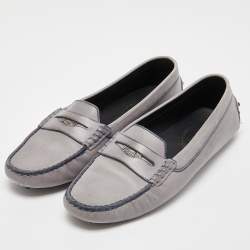Pre Owned Tod's Grey/Blue Leather Penny Driving Loafers Size 39.5