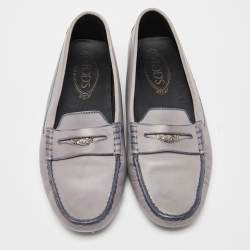 Pre Owned Tod's Grey/Blue Leather Penny Driving Loafers Size 39.5