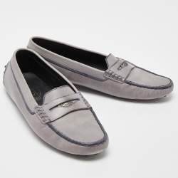 Pre Owned Tod's Grey/Blue Leather Penny Driving Loafers Size 39.5