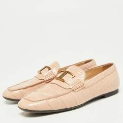 Pre Owned Tod's Pink Croc Embossed Leather T-Logo Slip On Loafers Size 37