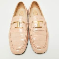 Pre Owned Tod's Pink Croc Embossed Leather T-Logo Slip On Loafers Size 37