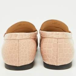 Pre Owned Tod's Pink Croc Embossed Leather T-Logo Slip On Loafers Size 37