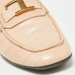 Pre Owned Tod's Pink Croc Embossed Leather T-Logo Slip On Loafers Size 37