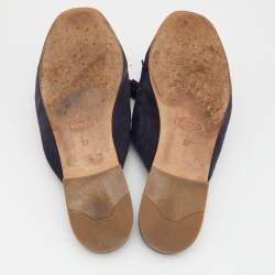 Pre Owned Tod's Navy Blue Suede Tassel Fringe Flat Mules Size 37