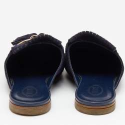Pre Owned Tod's Navy Blue Suede Tassel Fringe Flat Mules Size 37