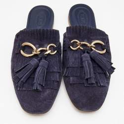 Pre Owned Tod's Navy Blue Suede Tassel Fringe Flat Mules Size 37
