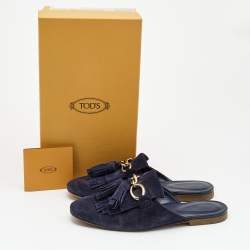 Pre Owned Tod's Navy Blue Suede Tassel Fringe Flat Mules Size 37