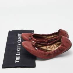 Pre Owned Tod's Burgundy Leather Bow Scrunch Ballet Flats 41