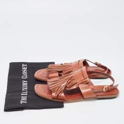 Pre Owned Tod's Brown Leather Fringe Trim Accent Gladiator Sandals Size 40