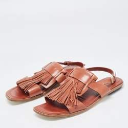 Pre Owned Tod's Brown Leather Fringe Trim Accent Gladiator Sandals Size 40
