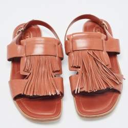 Pre Owned Tod's Brown Leather Fringe Trim Accent Gladiator Sandals Size 40