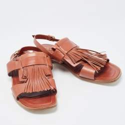 Pre Owned Tod's Brown Leather Fringe Trim Accent Gladiator Sandals Size 40