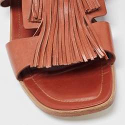 Pre Owned Tod's Brown Leather Fringe Trim Accent Gladiator Sandals Size 40
