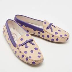 Pre Owned Tod's Purple/Beige Polka Dot Leather Bow Slip On Loafers Size 38.5