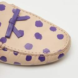Pre Owned Tod's Purple/Beige Polka Dot Leather Bow Slip On Loafers Size 38.5