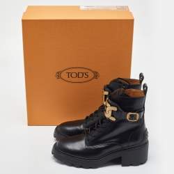 Pre Owned Tod's Black Leather Catena Ankle Booties Size 37