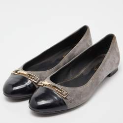 Tod’s Grey/Black Suede and Patent Leather Buckle Detail Ballet Flats Size 36.5