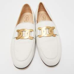 Pre Owned Tod's Off White Leather Kate Chain Slip On Loafers Size 39.5