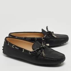 Pre Owned Tod's Black Leather Bow Slip On Loafers Size 38.5