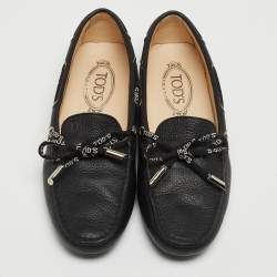 Pre Owned Tod's Black Leather Bow Slip On Loafers Size 38.5