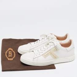 Pre Owned Tod's White Leather Studded T Low Top Sneakers Size 36