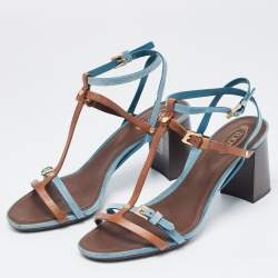 مملوكة مسبقًا Tod's Blue/Brown Leather and Suede Buckle Cross Strap Sandals Size 39