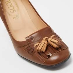 Pre Owned Tod's Brown Leather Tassel Fringe Detail Loafers Pumps Size 36.5