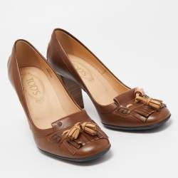 Pre Owned Tod's Brown Leather Tassel Fringe Detail Loafers Pumps Size 36.5