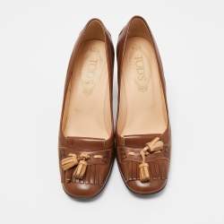 Pre Owned Tod's Brown Leather Tassel Fringe Detail Loafers Pumps Size 36.5