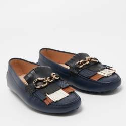 Pre Owned Tod's Blue Leather Fringe Detail Slip On Loafers Size 36