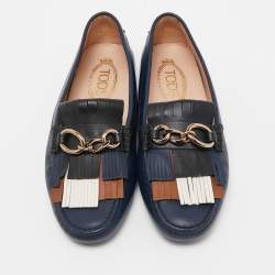 Pre Owned Tod's Blue Leather Fringe Detail Slip On Loafers Size 36