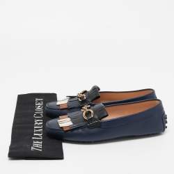 Pre Owned Tod's Blue Leather Fringe Detail Slip On Loafers Size 36