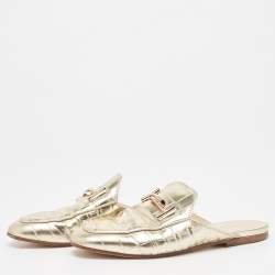 Pre Owned Tod's Metallic Gold Croc Embossed Leather Double T Mules Size 38