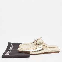 Pre Owned Tod's Metallic Gold Croc Embossed Leather Double T Mules Size 38