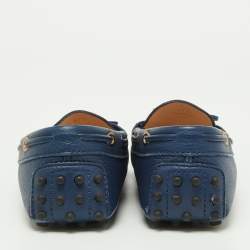 Pre Owned Tod's Blue Leather Bow Slip On Loafers Size 37.5