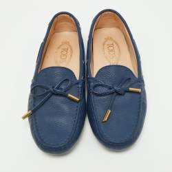 Pre Owned Tod's Blue Leather Bow Slip On Loafers Size 37.5