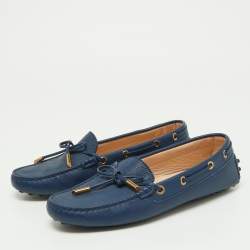 Pre Owned Tod's Blue Leather Bow Slip On Loafers Size 37.5