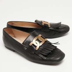Pre Owned Tod's Black Leather Fringe Slip On Loafers Size 39