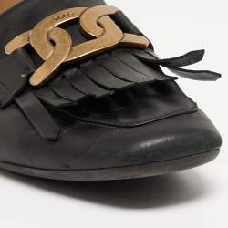 Pre Owned Tod's Black Leather Fringe Slip On Loafers Size 39