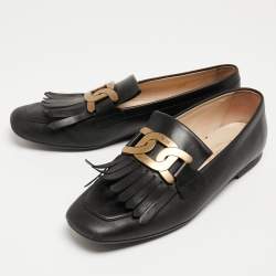 Pre Owned Tod's Black Leather Fringe Slip On Loafers Size 39